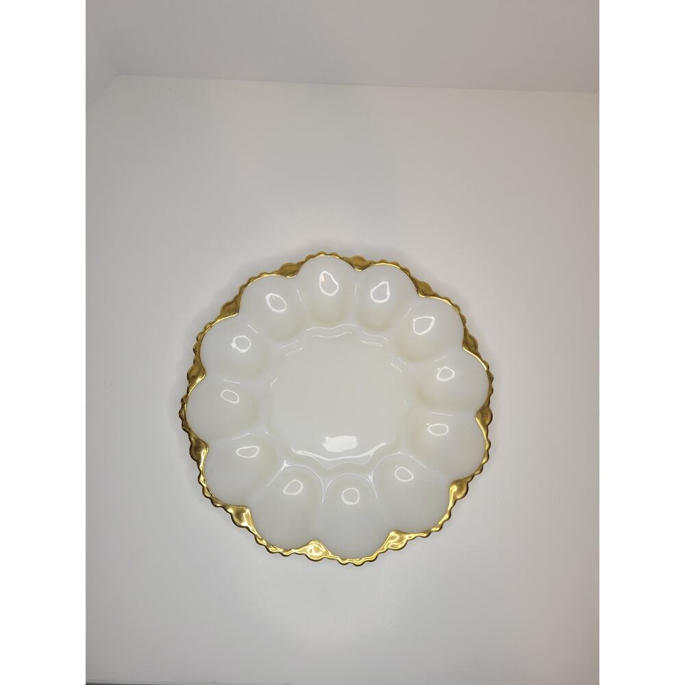 Vintage Anchor Hocking White Milk Glass Deviled Egg Plate Dish With Gold Trim